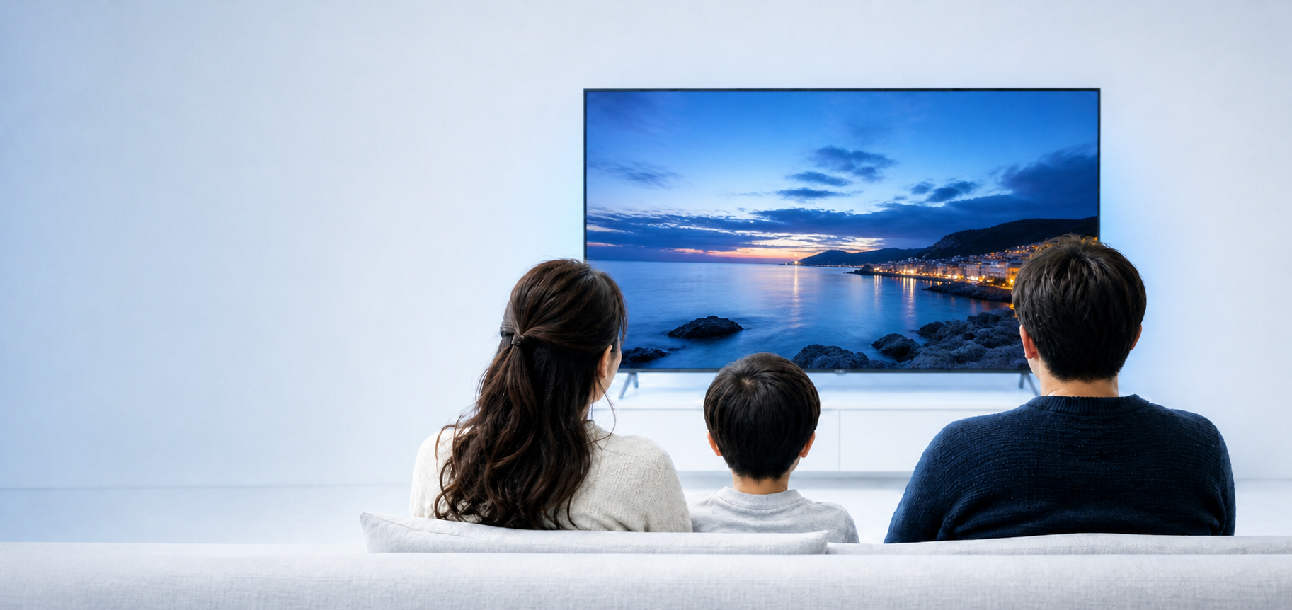 明るい空間で大画面テレビを視聴する家族